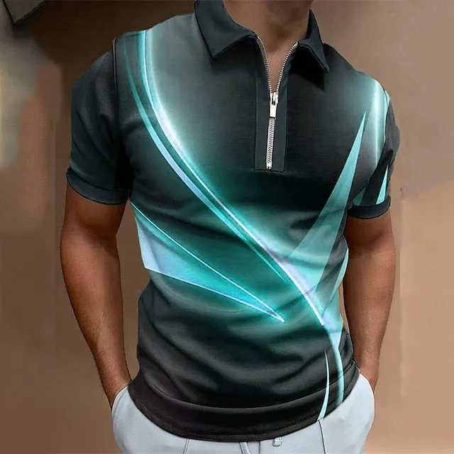 3D Print Men's Polo Shirt with Geometric Graphic Print in Black, Pink, Blue, and Green