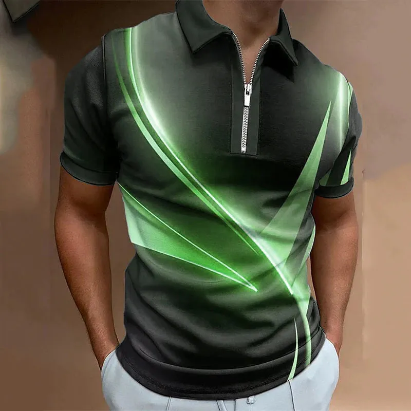 3D Print Men's Polo Shirt with Geometric Graphic Print in Black, Pink, Blue, and Green
