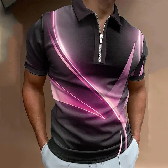 3D Print Men's Polo Shirt with Geometric Graphic Print in Black, Pink, Blue, and Green