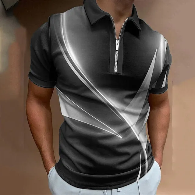 3D Print Men's Polo Shirt with Geometric Graphic Print in Black, Pink, Blue, and Green