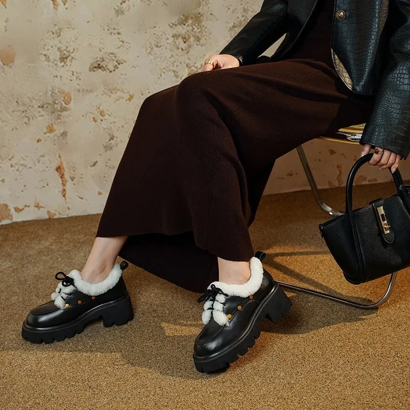 70mm Platform Chunky Cowhide Leather Shearling-Lined Lace-Up Oxfords Shoes with Plush Edge & Rivet Design Brown/Black