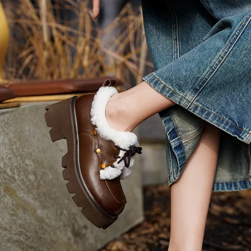 70mm Platform Chunky Cowhide Leather Shearling-Lined Lace-Up Oxfords Shoes with Plush Edge & Rivet Design Brown/Black