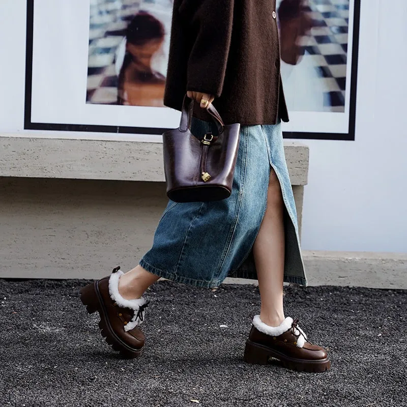 70mm Platform Chunky Cowhide Leather Shearling-Lined Lace-Up Oxfords Shoes with Plush Edge & Rivet Design Brown/Black