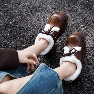 70mm Platform Chunky Cowhide Leather Shearling-Lined Lace-Up Oxfords Shoes with Plush Edge & Rivet Design Brown/Black