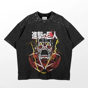 Attack on Titan-Inspired Graphic T-Shirt – Colossal Titan Vintage Design, Washed Black Oversized Tee