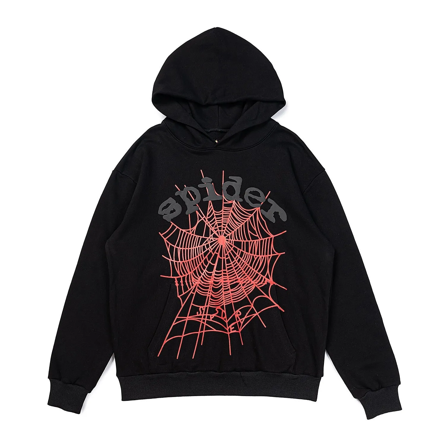 Bold Black Sp5der Hoodie - Trendy Web Print Hooded Sweatshirt