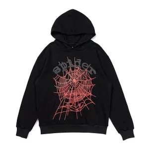 Bold Black Sp5der Hoodie - Trendy Web Print Hooded Sweatshirt