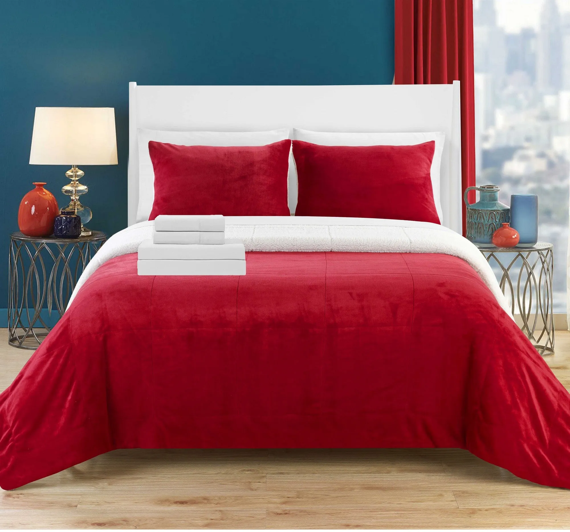 Chic Home Bjurman Blanket Set Soft Sherpa Lined Microplush Faux Mink with Shams and Sheet Set - 7-Piece - King 104x90", Burgundy