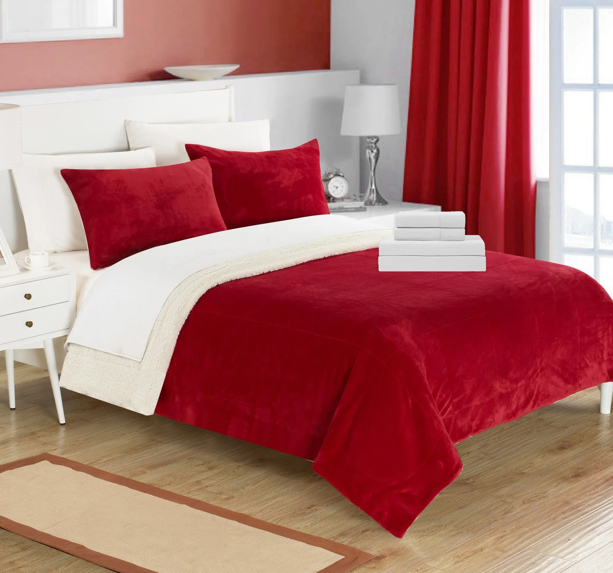Chic Home Bjurman Blanket Set Soft Sherpa Lined Microplush Faux Mink with Shams and Sheet Set - 7-Piece - King 104x90", Burgundy