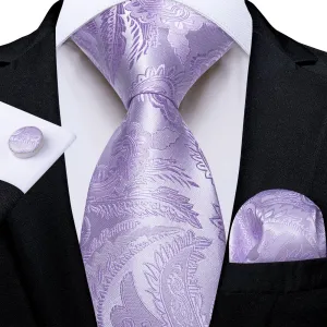 DiBanGu Silk Necktie Periwinkle Purple Floral Mens Dress Silk Tie Pocket Square Cufflinks Set