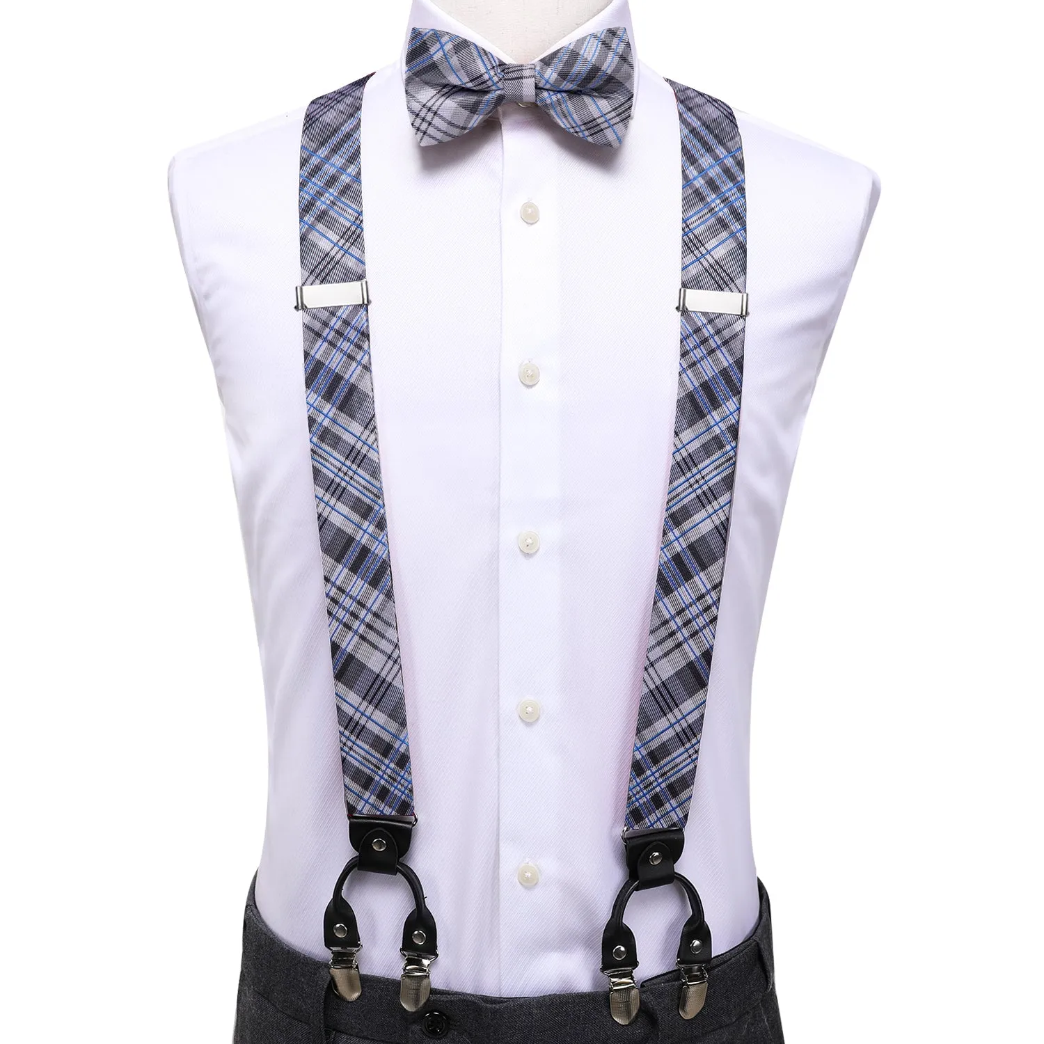 Hi-Tie Grey Blue Plaid Suspender Mens Silk Bow Tie Hanky Cufflinks Set