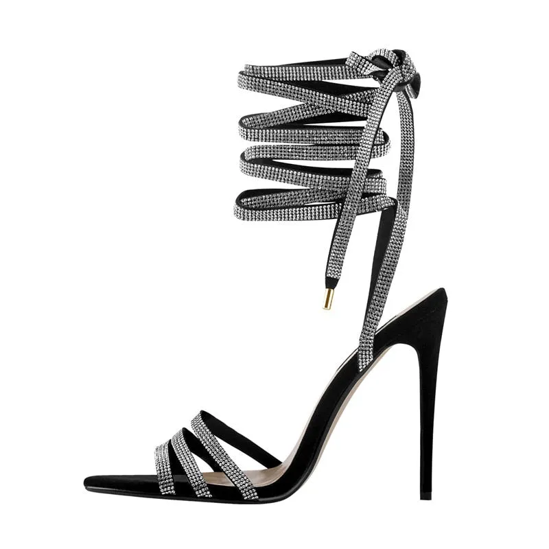 Lace Up Rhinestone Sling Back Thin Heel Sandals