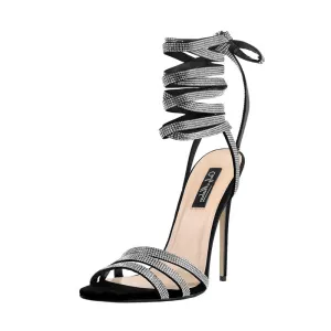 Lace Up Rhinestone Sling Back Thin Heel Sandals