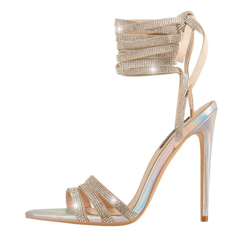 Lace Up Rhinestone Sling Back Thin Heel Sandals