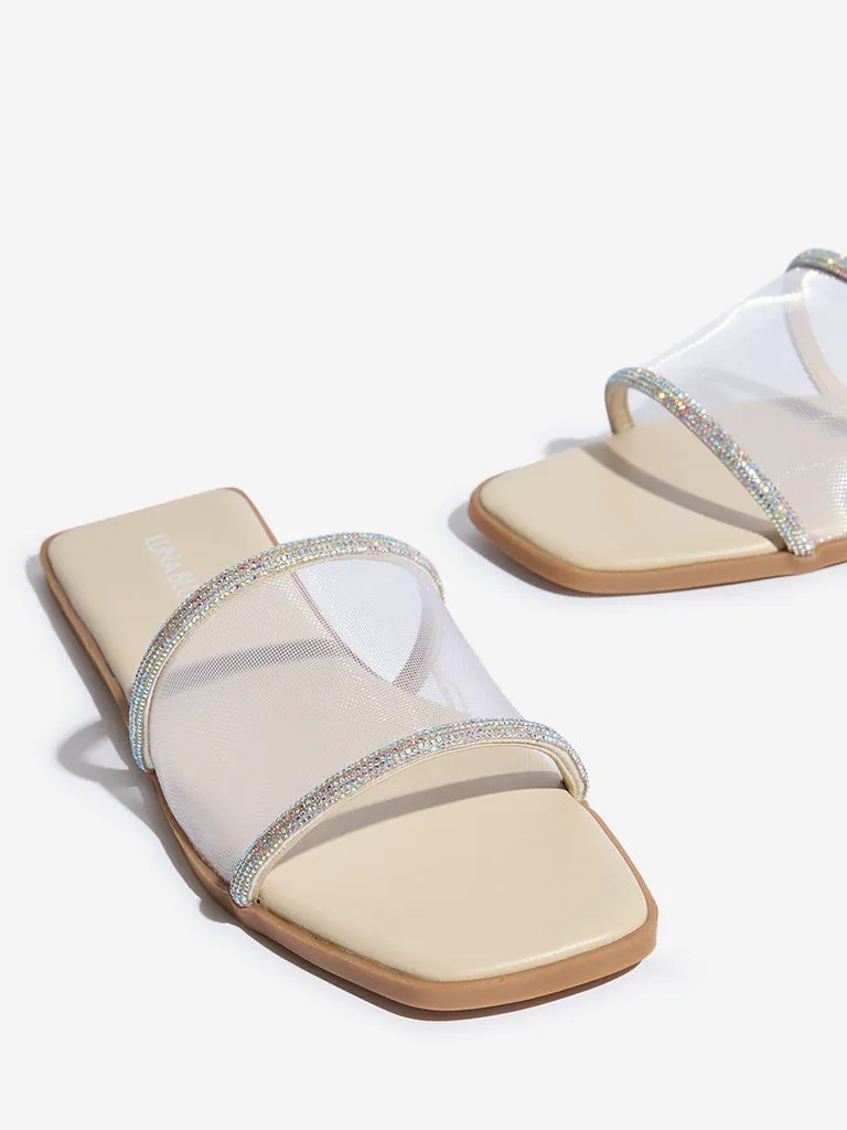 LUNA BLU Ivory Diamante Embellished Mesh Slides