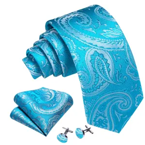 Men's Sky Blue Paisley 100% Silk Neck Tie With Matching Hanky And Cufflinks Set