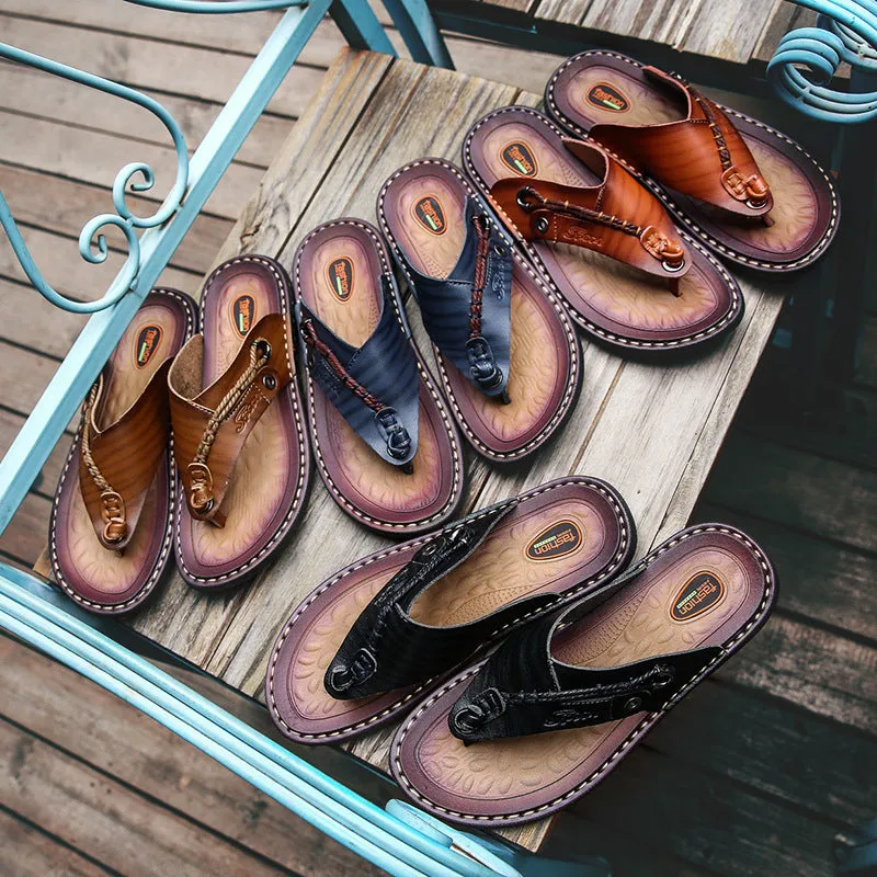 Men's Slippers Leather Flip-flops Beach Shoes