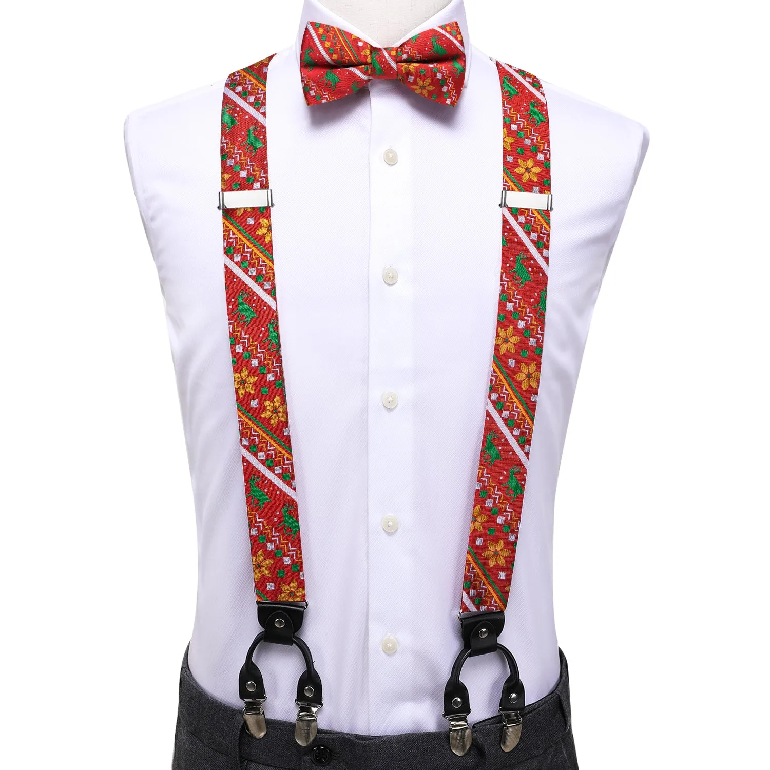 Red Christmas Novelty Suspender Bowtie Hanky Cufflinks Set