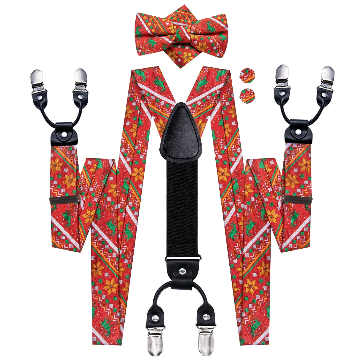 Red Christmas Novelty Suspender Bowtie Hanky Cufflinks Set
