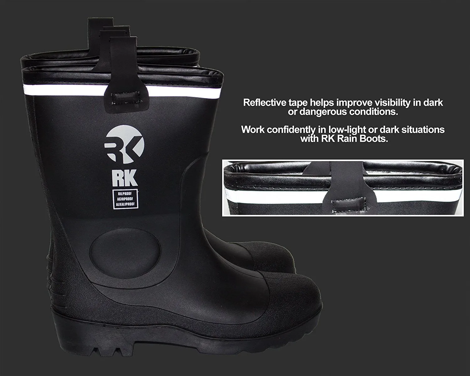 RK Mens Waterproof Rubber Sole Rain Boots - Black