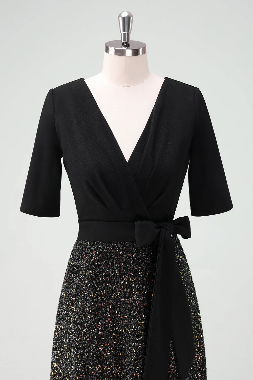 Sparkly Black A-Line Cocktail Dress with Half Sleeves