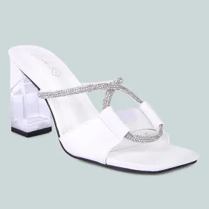 White Crystal Loop Mid Heel Sandals