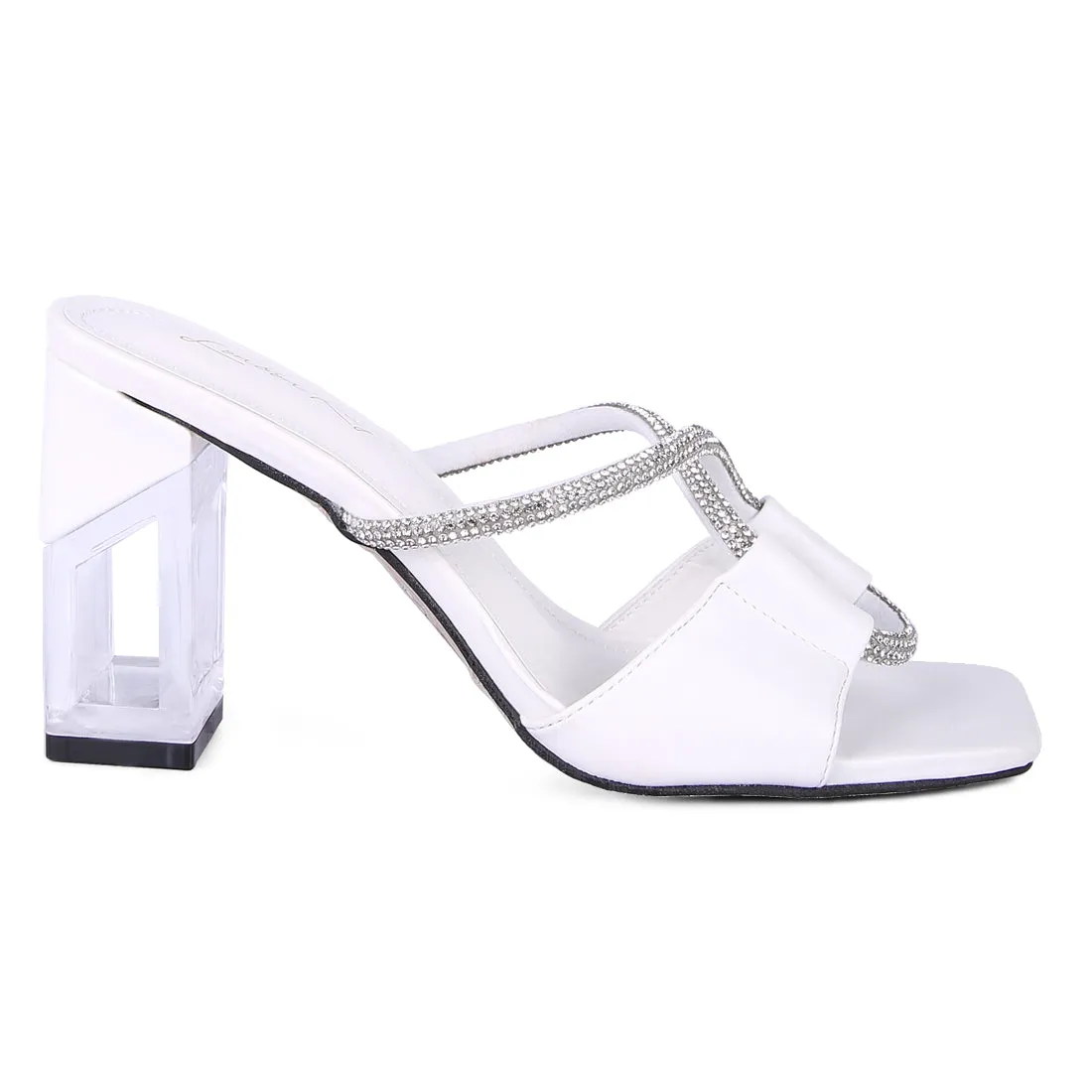 White Crystal Loop Mid Heel Sandals